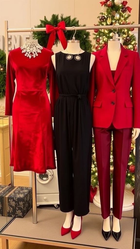 Elegant Christmas Outfit Ideas Elegant Christmas outfits including a red dress, black jumpsuit, and tailored blazer with festive accessories.